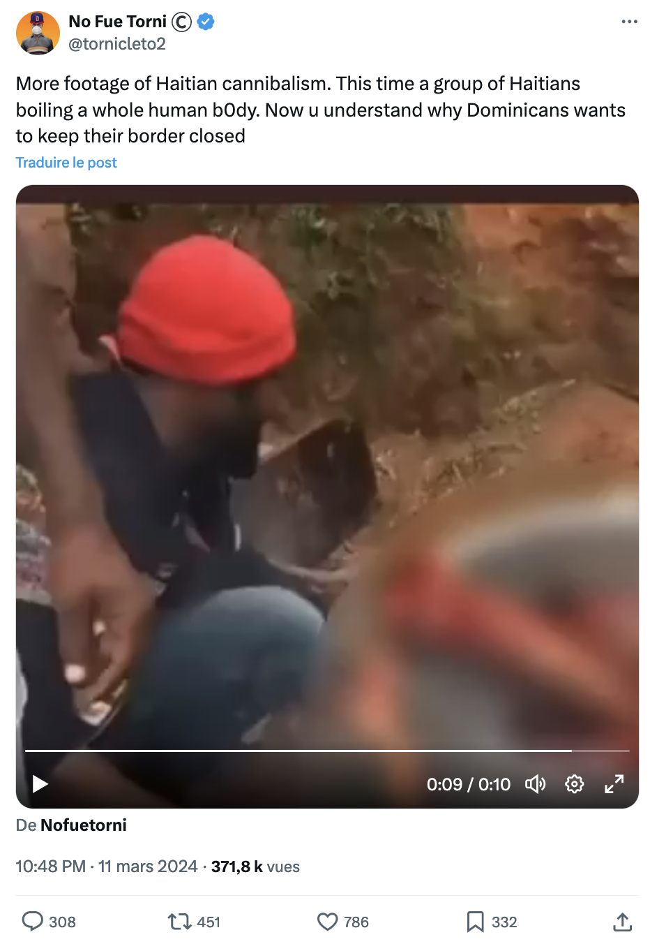 This tweet from March 11, 2024 claims that the attached video shows cannibalism in Haiti. However, it was actually filmed on a film set in Nigeria back in 2018, and it doesn’t show a real case of cannibalism.