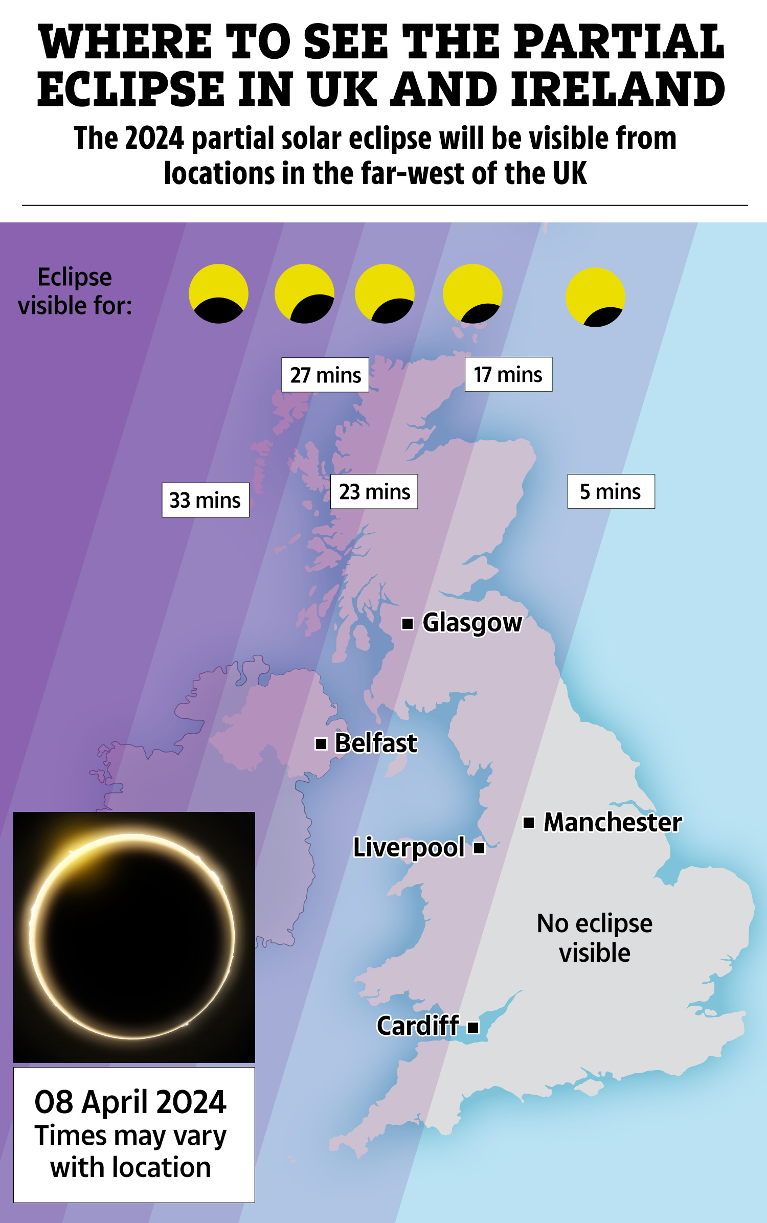 Während die westlichen Gebiete des Vereinigten Königreichs und Nordirlands nur eine teilweise Sonnenfinsternis erleben werden, werden Teile Nordamerikas das volle Spektakel genießen