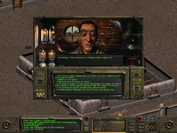 Ein Screenshot von Fallout 1, der zeigt, wie der Spielercharakter über die charakteristische animierte Dialogbox des Spiels mit Aradesh in Shady Sands spricht.