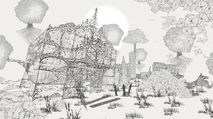 Der Screenshot des Collage Atlas zeigt ein Gewächshaus, umgeben von schwimmenden Bäumen, die mit Feder und Tinte gezeichnet wurden.